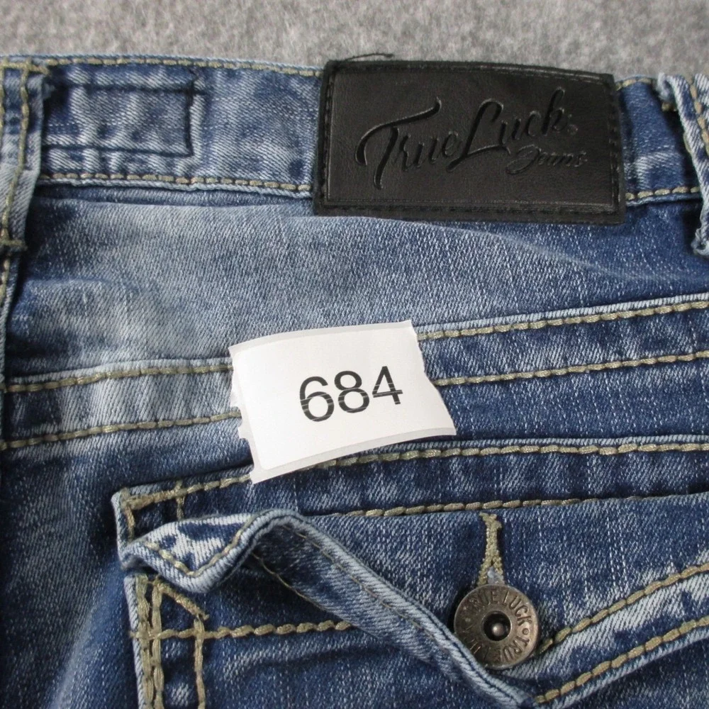 True Luck Jeans Mens‎ 30x29 Straight Leg Medium Wash Whiskered Denim Jeans Blue